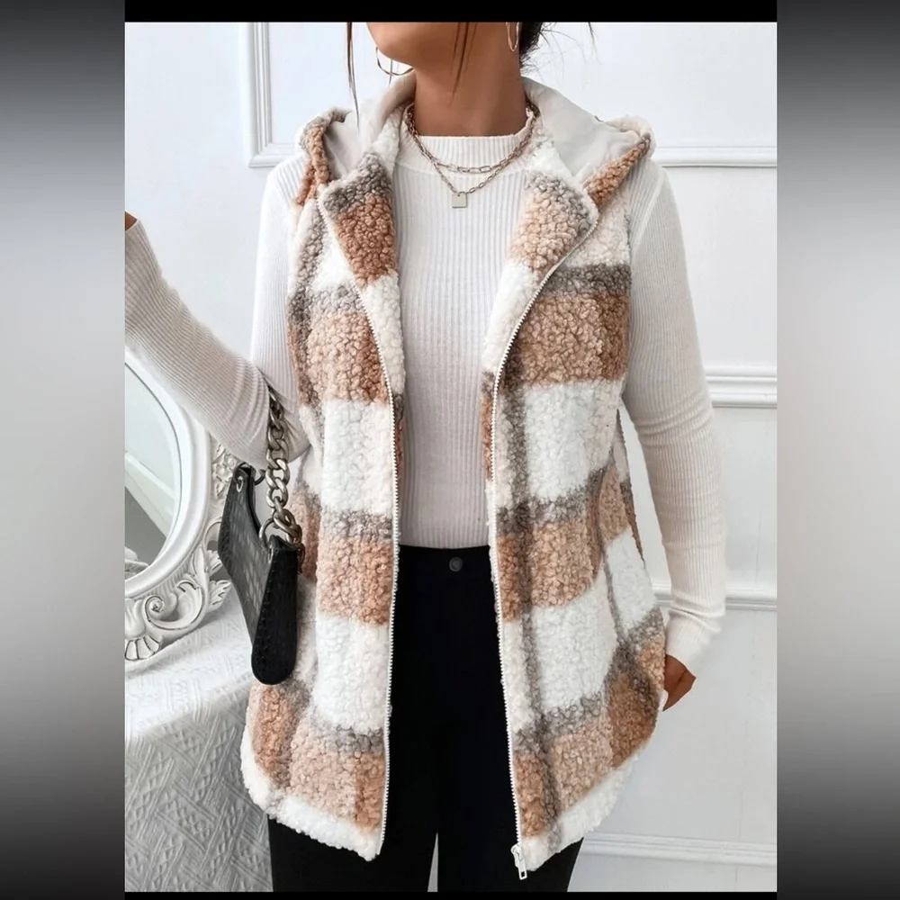 SOLD- Mercari. SHEIN Essnce Plus Plaid Pattern Teddy Vest Coat - Picture 1 of 2